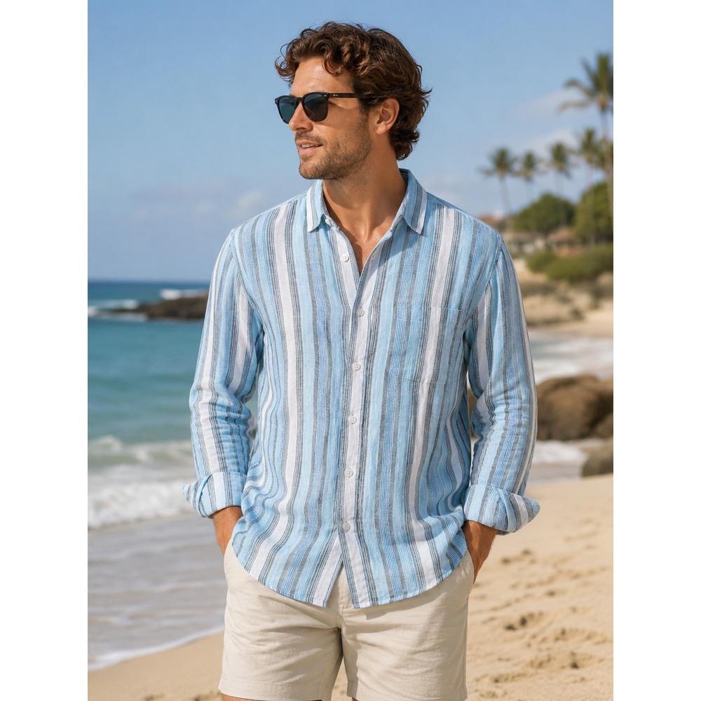 TOMMY BAHAMA Men's Large Blue White Stripe 100% Linen Long Sleeve Shirt -1140